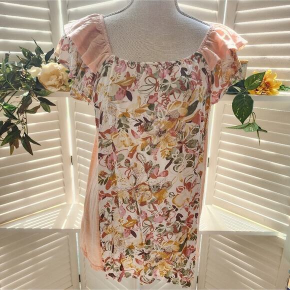 BOUTIQUE NWOT PEACH FLORAL LAYERED CAP SLEEVE BLOUSE MULTIPLE SIZES - Picture 6 of 10